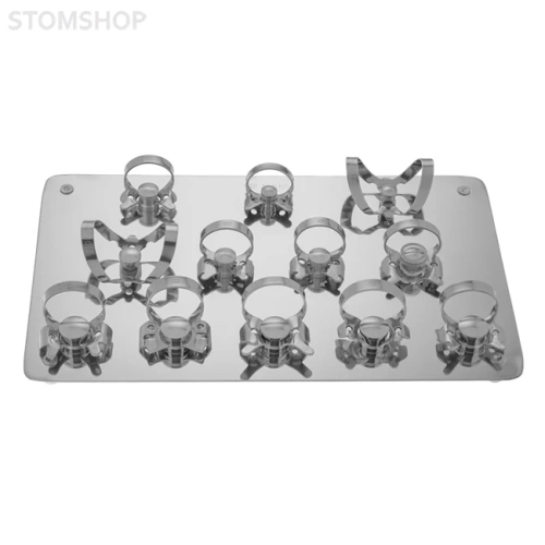 Rubber Dam Technic Set - набор для установки системы раббердам: 12 кламмеров на подставке, перфоратор, щипцы, рамка | Dentech Corporation (Япония)