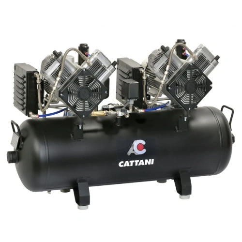 Cattani AC400 100-320 - безмасляный 1-фазный компрессор для 5-ти стоматологических установок, 2 мотора по 2 цилиндра, с 2 осушителями, без кожуха, с ресивером 100 л, 320 л/мин | Cattani (Италия)