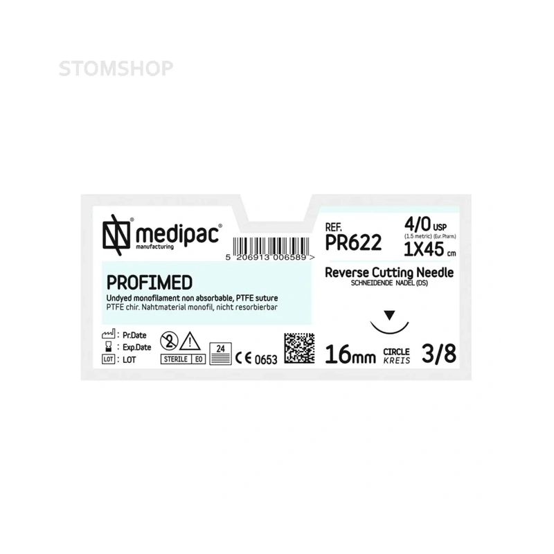 Profimed PR622 - шовный материал, мононить 4/0 45 см, игла 3/8 16 мм, изогнутая, обратно режущая, 24 шт. | MEDIPAC (Греция)
